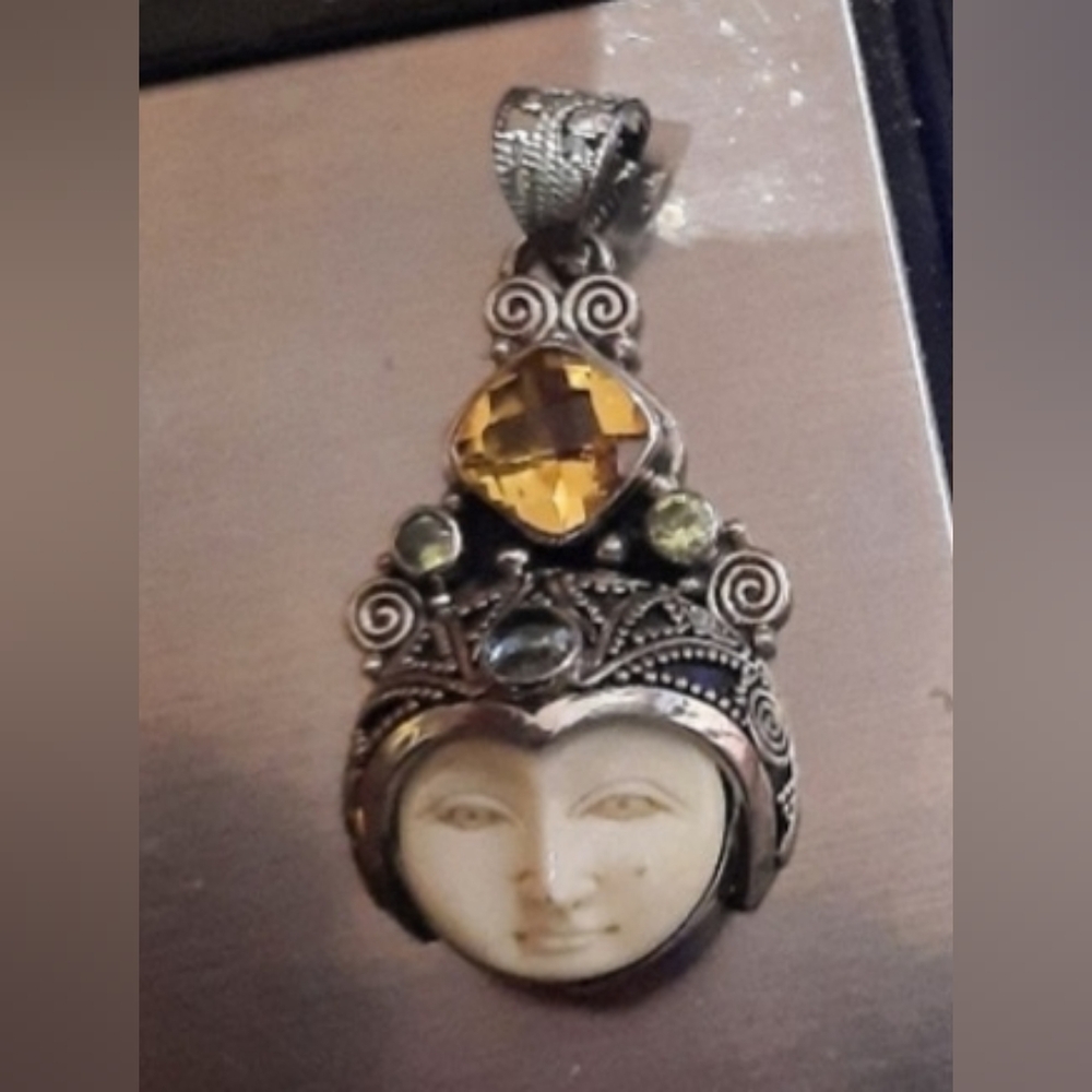 Bali Boneface goddess CITRINE PERIDOT BLUE TOPAZ pendant SOLID STERLING SILVER